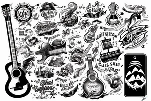 ship at sea with waves, guitar, notes tattoo idea