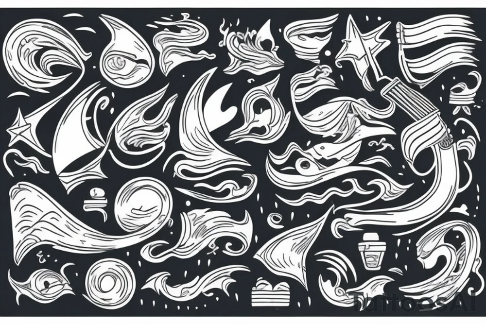 ship at sea with waves, guitar, notes tattoo idea