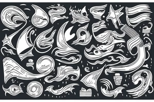 ship at sea with waves, guitar, notes tattoo idea