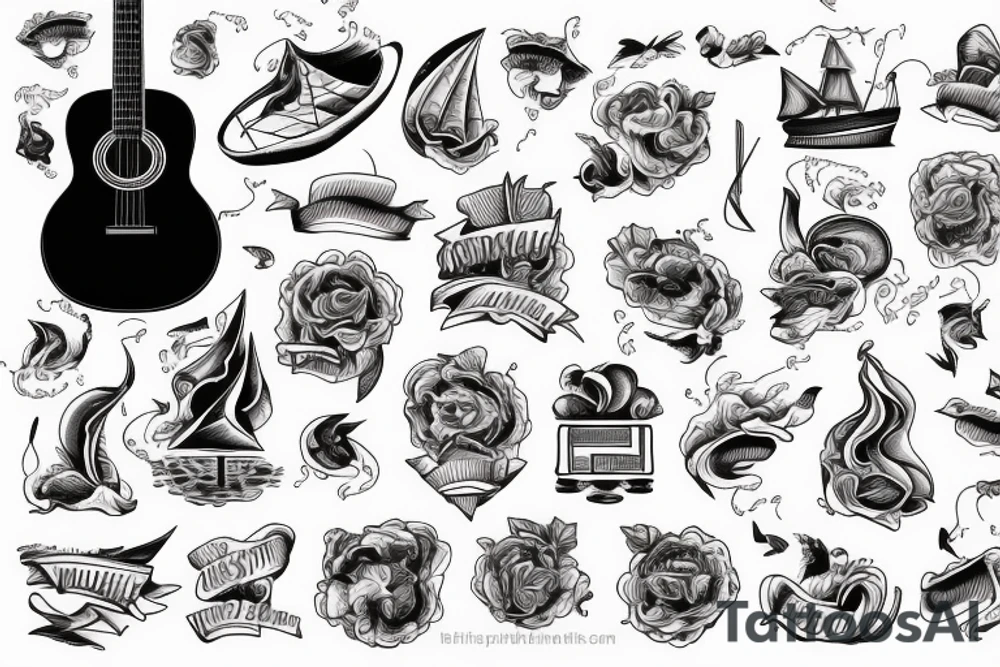 ship at sea with waves, guitar, notes tattoo idea