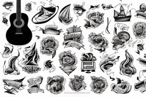 ship at sea with waves, guitar, notes tattoo idea