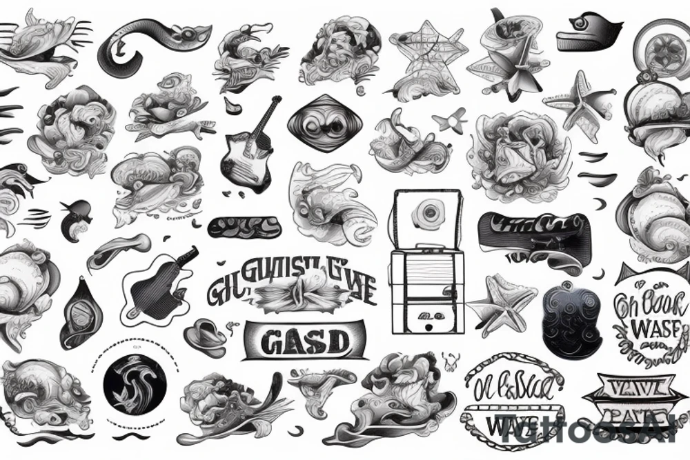 ship at sea with waves, guitar, notes tattoo idea