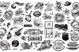 ship at sea with waves, guitar, notes tattoo idea