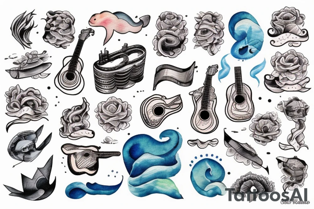 ship at sea with waves, guitar, notes tattoo idea