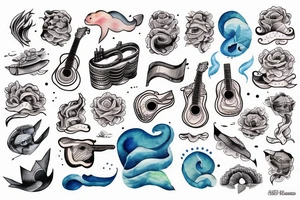 ship at sea with waves, guitar, notes tattoo idea