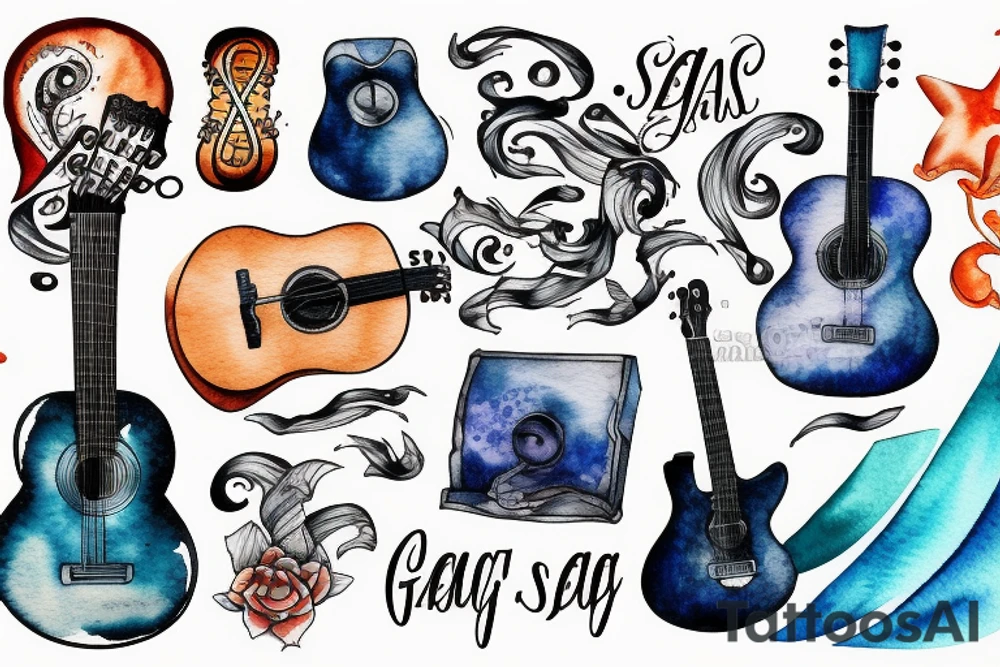 ship at sea with waves, guitar, notes tattoo idea