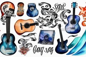 ship at sea with waves, guitar, notes tattoo idea