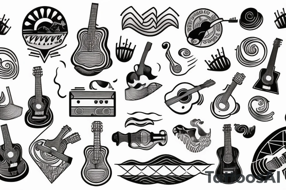 ship at sea with waves, guitar, notes tattoo idea