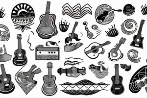 ship at sea with waves, guitar, notes tattoo idea