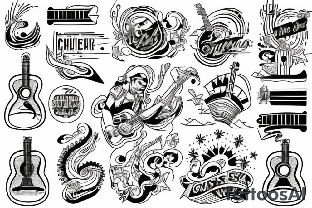 ship at sea with waves, guitar, notes tattoo idea