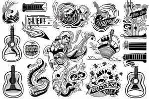 ship at sea with waves, guitar, notes tattoo idea