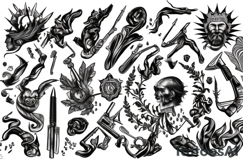 God of wealth, dollar, euro, ruble, gold, weapons tattoo idea