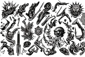 God of wealth, dollar, euro, ruble, gold, weapons tattoo idea