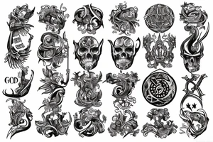 God of wealth, dollar, euro, ruble, gold, weapons tattoo idea
