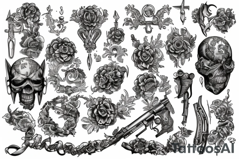 wealth, dollar, euro, ruble, gold, weapons tattoo idea