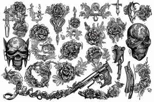 wealth, dollar, euro, ruble, gold, weapons tattoo idea