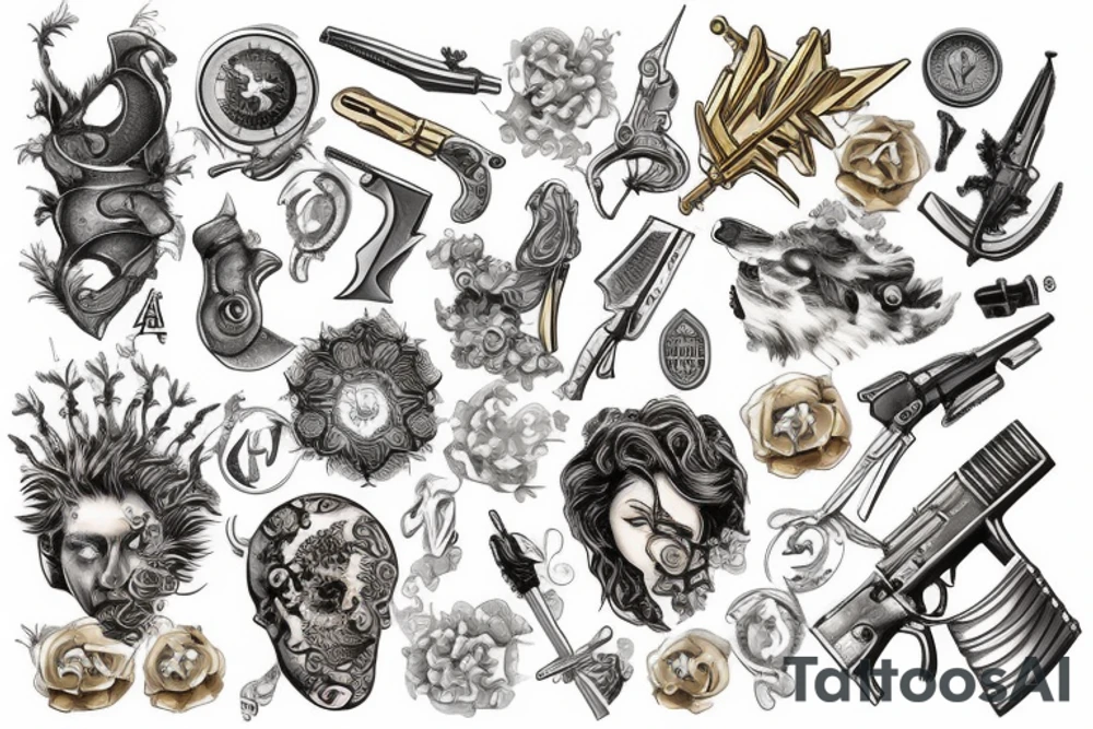 wealth, dollar, euro, ruble, gold, weapons tattoo idea