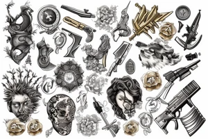 wealth, dollar, euro, ruble, gold, weapons tattoo idea