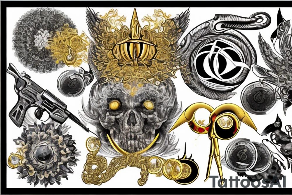 wealth, dollar, euro, ruble, gold, weapons tattoo idea