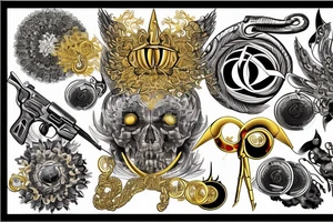 wealth, dollar, euro, ruble, gold, weapons tattoo idea