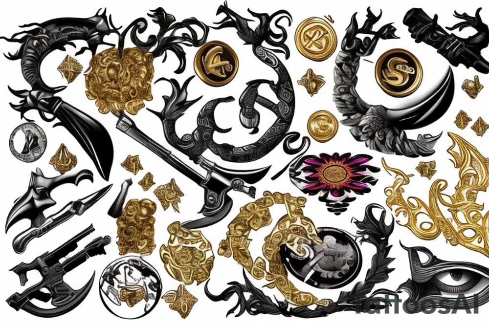 wealth, dollar, euro, ruble, gold, weapons tattoo idea