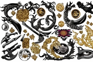 wealth, dollar, euro, ruble, gold, weapons tattoo idea