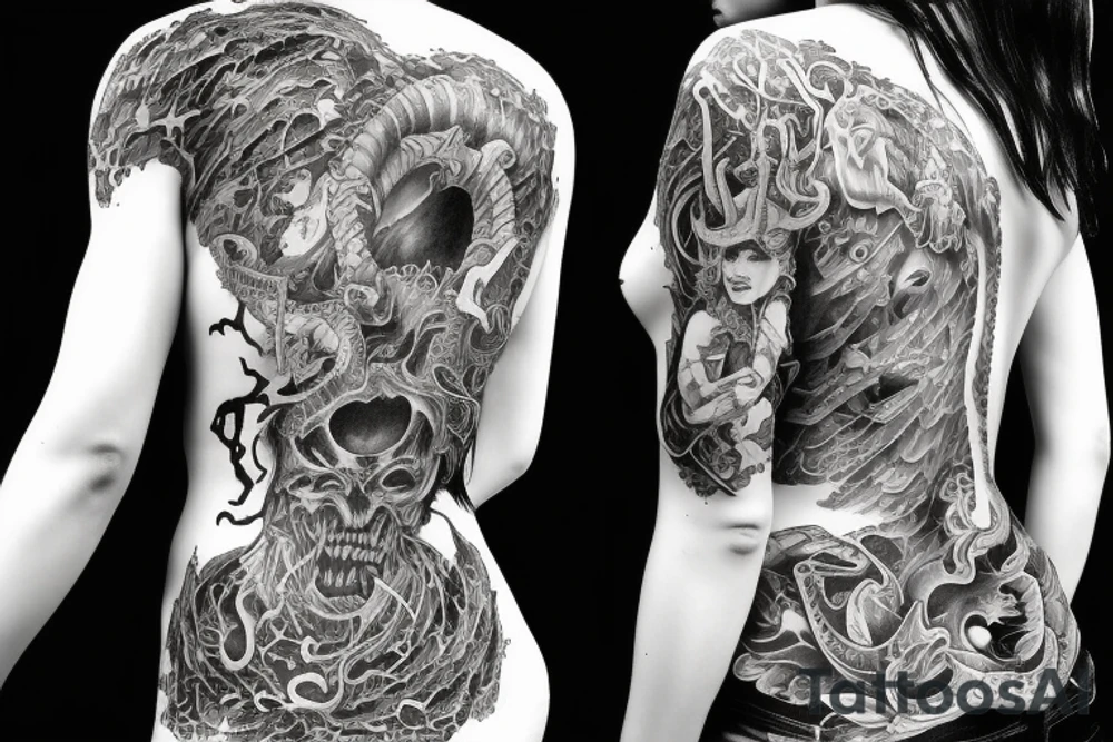 demon girl with open ribs and horns tattoo idea