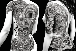 demon girl with open ribs and horns tattoo idea