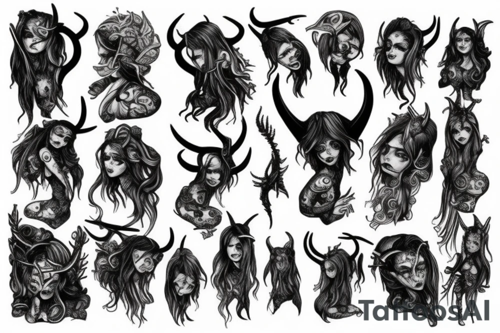 demon girl with open ribs and horns tattoo idea