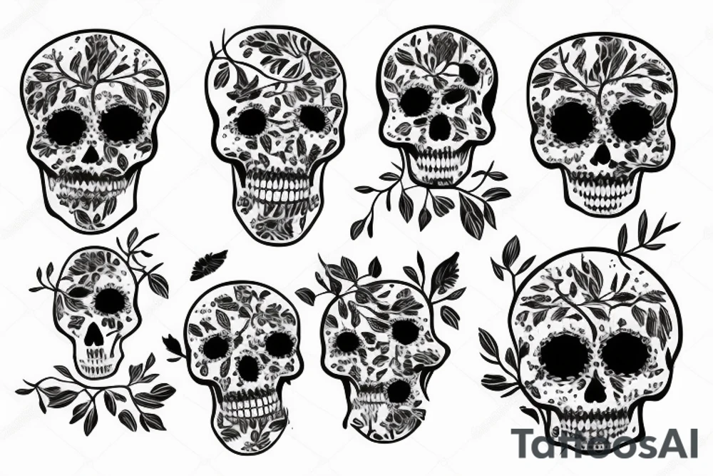 floral tattoo with tree branches skull and birds tattoo idea