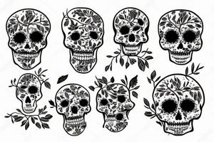 floral tattoo with tree branches skull and birds tattoo idea