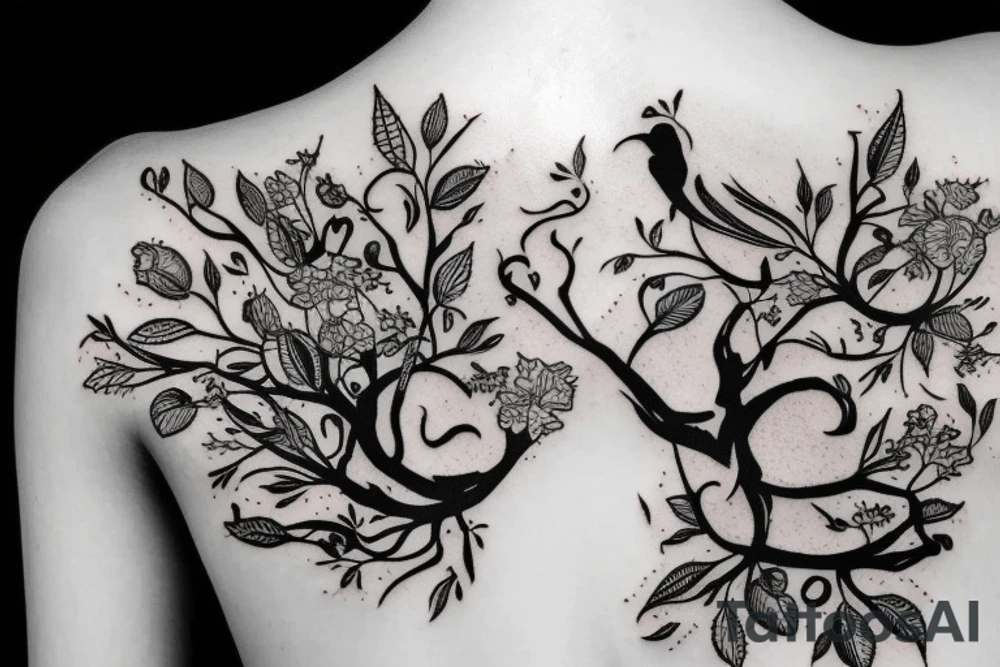 floral tattoo with tree branches skull and birds tattoo idea
