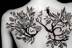 floral tattoo with tree branches skull and birds tattoo idea
