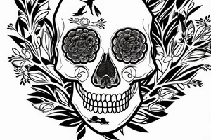 floral tattoo with tree branches skull and birds tattoo idea