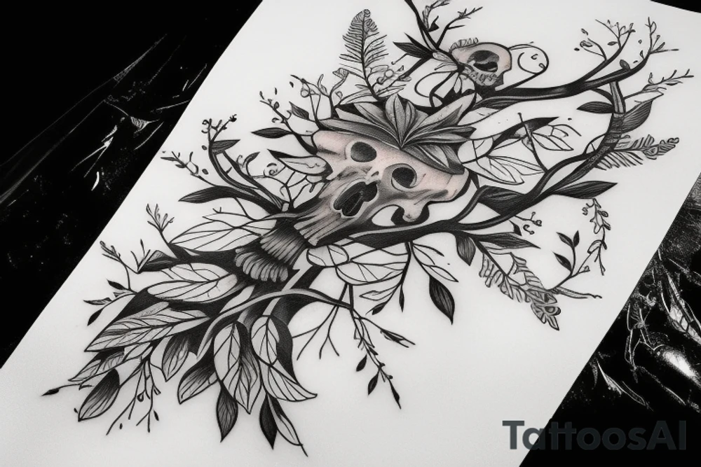 floral tattoo with tree branches skull and birds tattoo idea