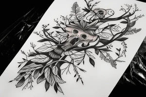 floral tattoo with tree branches skull and birds tattoo idea