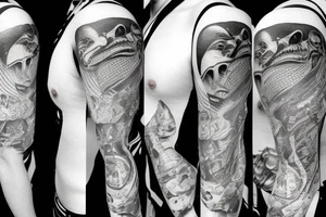 space on shounder, alien face, human face, human creation, pyramids, flying saucer, full sleeve tattoo idea