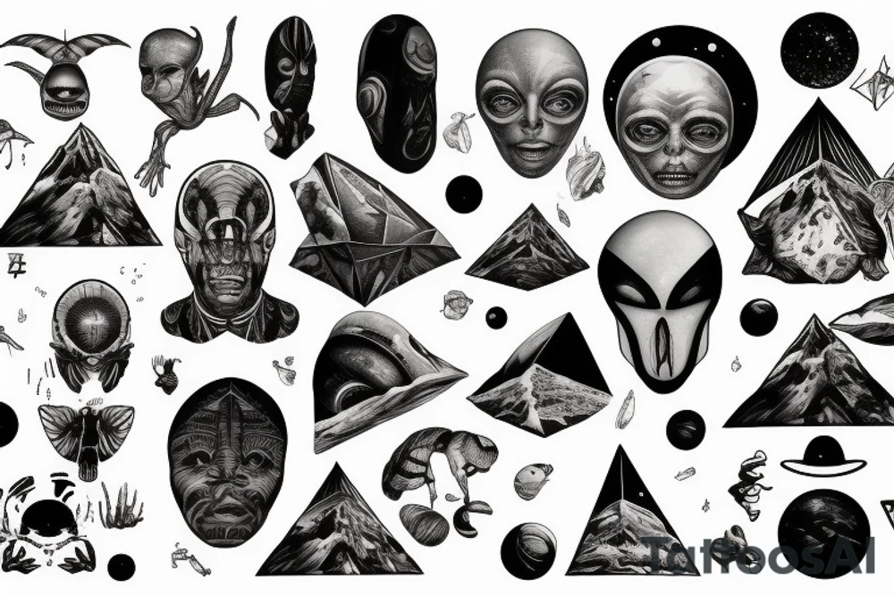 space on shounder, alien face, human face, human creation, pyramids, flying saucer, full sleeve tattoo idea