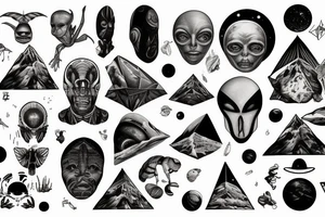space on shounder, alien face, human face, human creation, pyramids, flying saucer, full sleeve tattoo idea