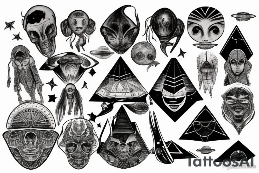 space on shounder, alien head , human head, human, pyramids, flying saucer, full sleeve tattoo idea