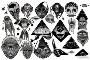 space on shounder, alien head , human head, human, pyramids, flying saucer, full sleeve tattoo idea