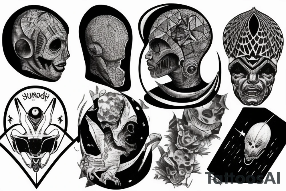space on shounder, alien head , human head, human, pyramids, flying saucer, full sleeve tattoo idea