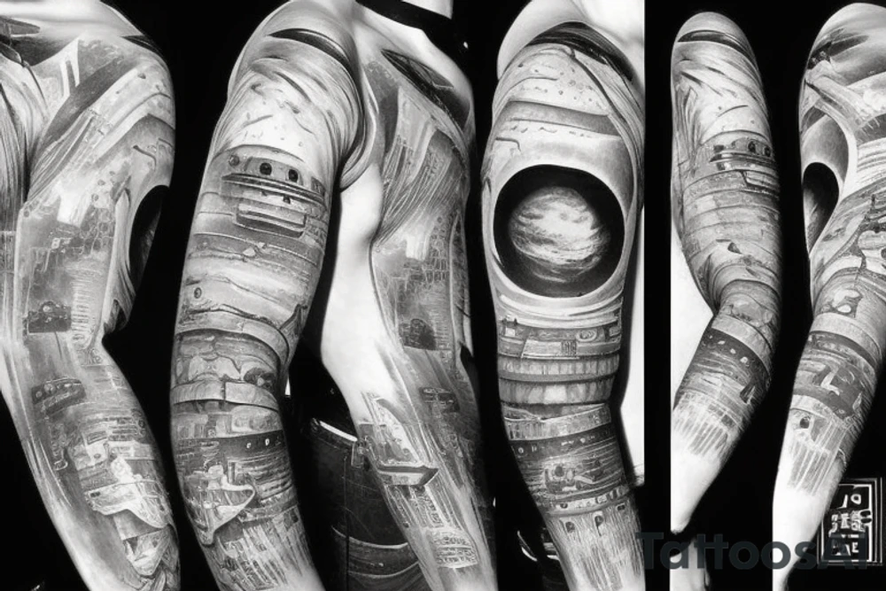 space, planets, pyramids, flying saucer, full sleeve tattoo idea space, planets, pyramids, flying saucer, full sleeve tattoo idea
