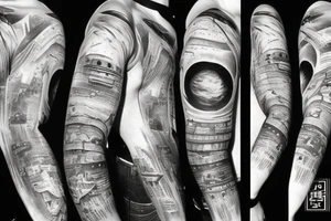 space, planets, pyramids, flying saucer, full sleeve tattoo idea