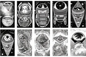 space, planets, pyramids, flying saucer, full sleeve tattoo idea