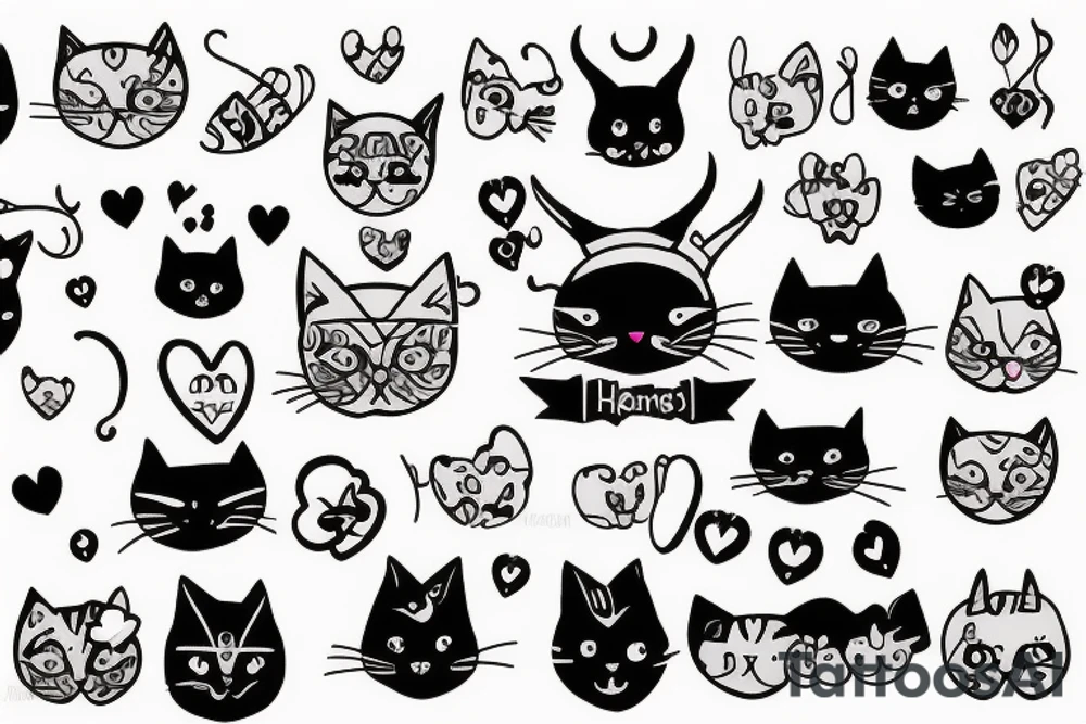 cat with horns and hearts instead of eyes tattoo idea