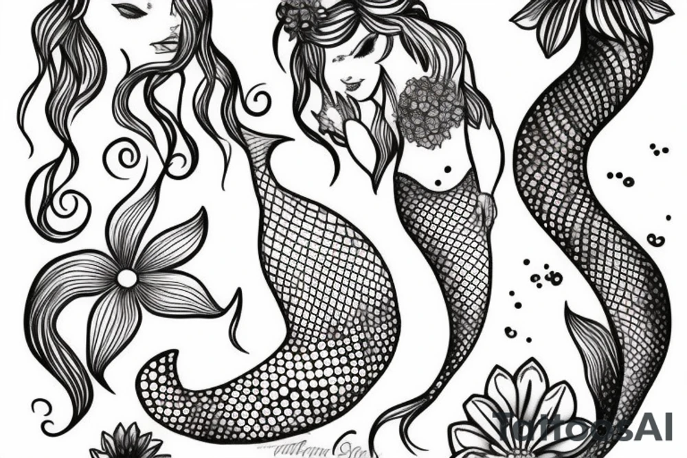 feminine mermaid with flowers tattoo idea