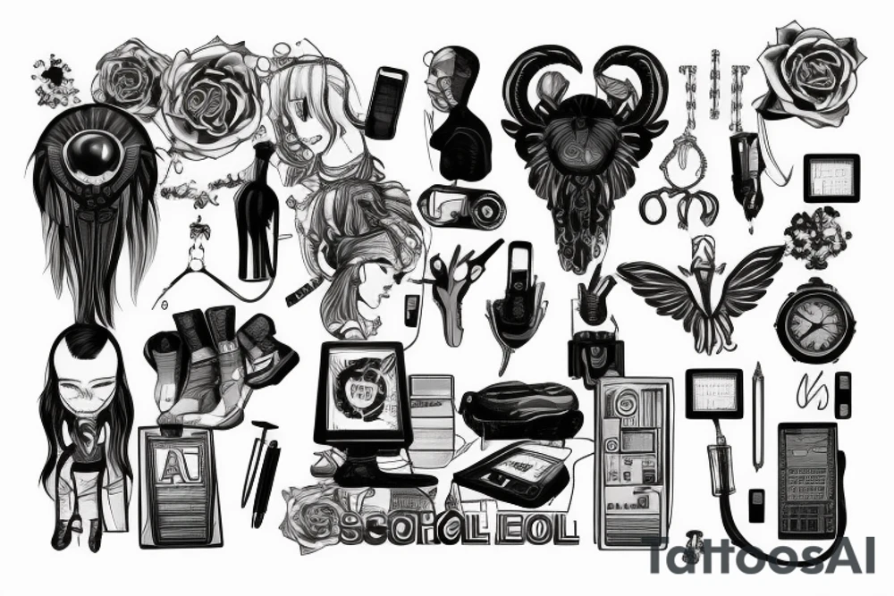 new school mix with black and gray computer, aries tattoo idea