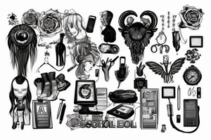 new school mix with black and gray computer, aries tattoo idea