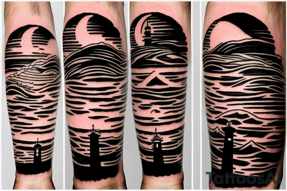 lighthouse with sunset and waves tattoo idea